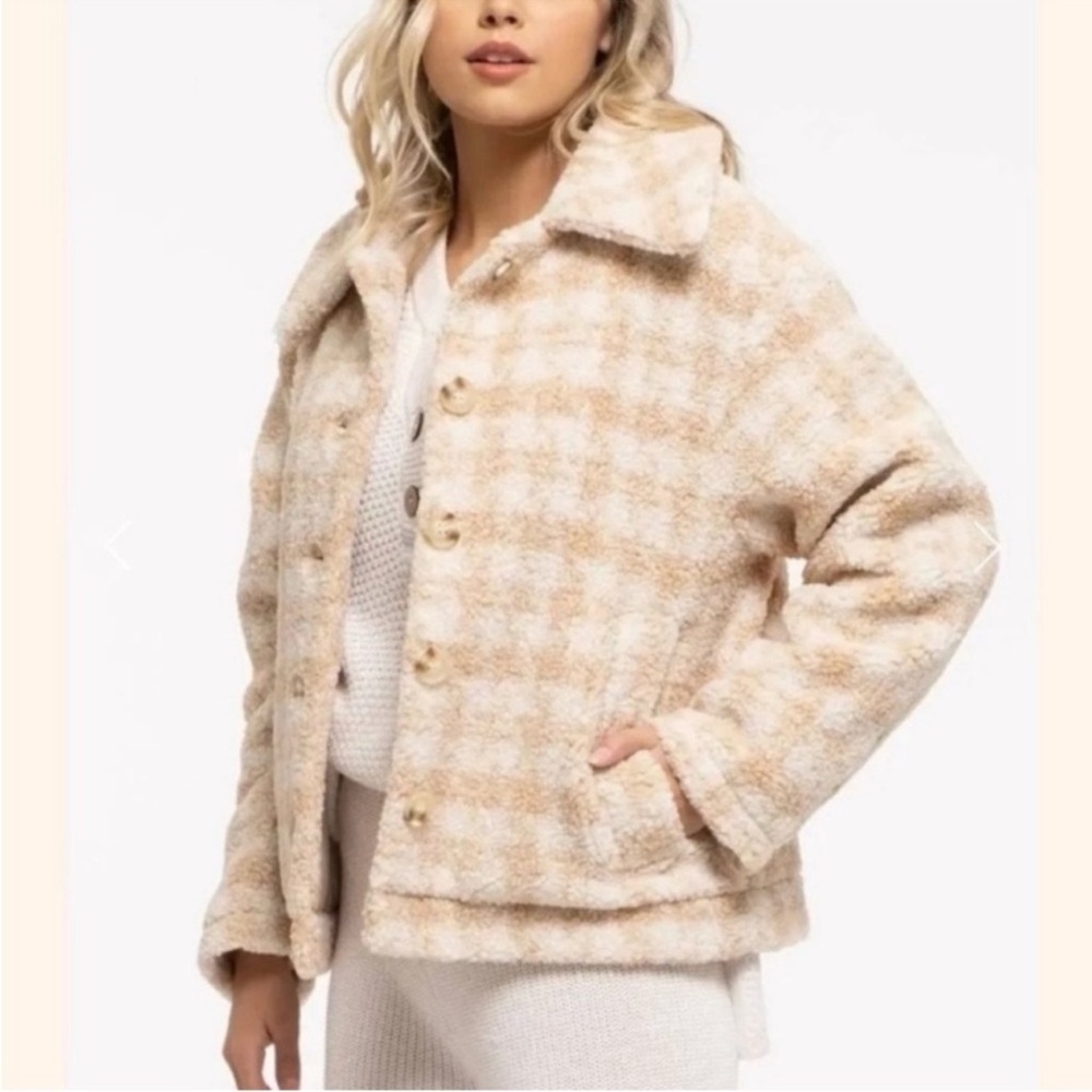 NWT Blu Pepper Houndstooth Faux Shearling Teddy Jacket in Beige Polyester